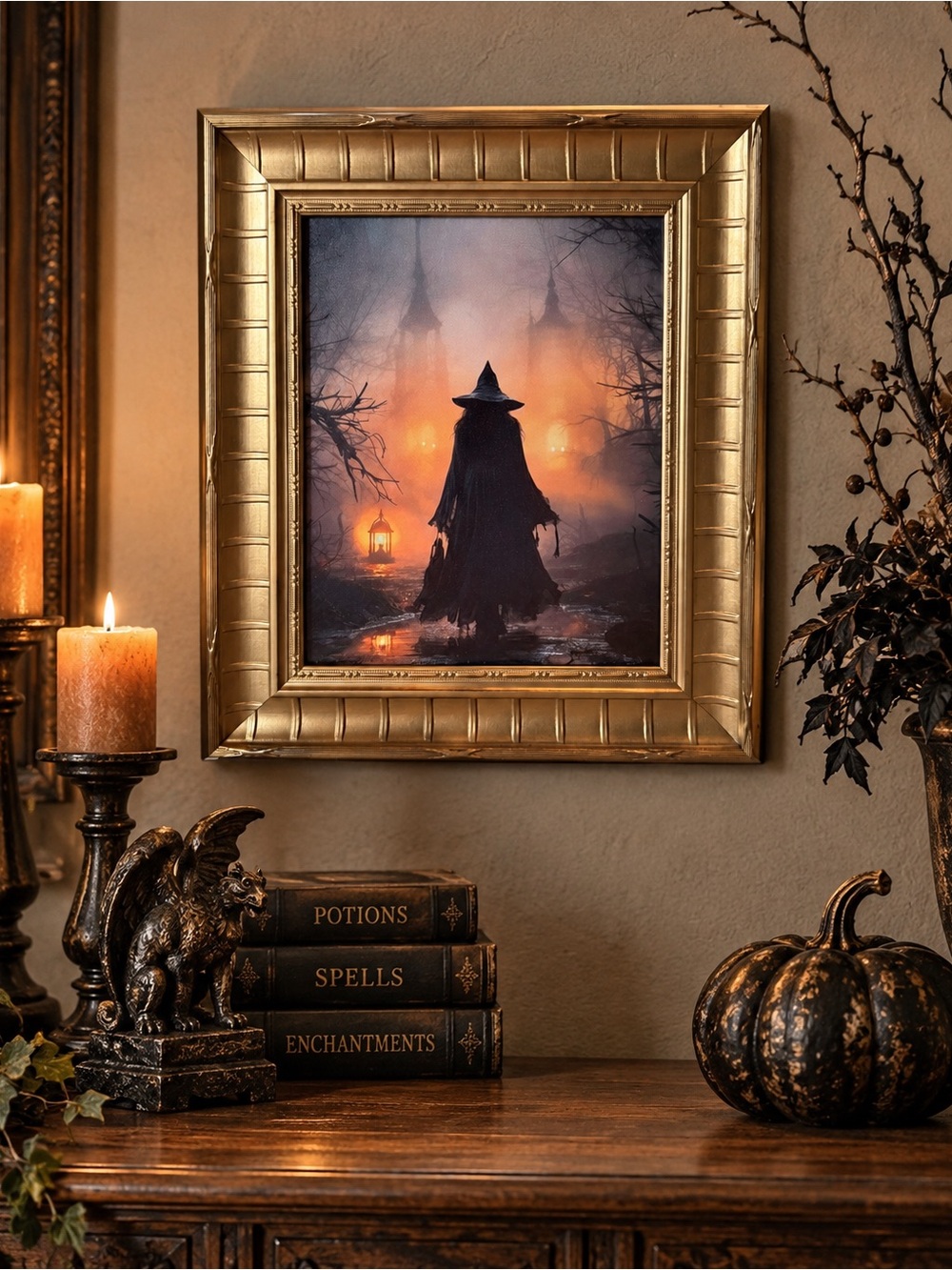 Framed Witch Silhouette Wall Canvas Art in Heavy Gold Wooden Frame 20”x17”